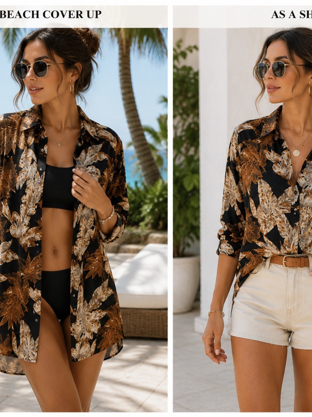 NWT PrettyLittleThing Black Palm Leaf Print Beach Shirt Cover Up Women’s US 8
